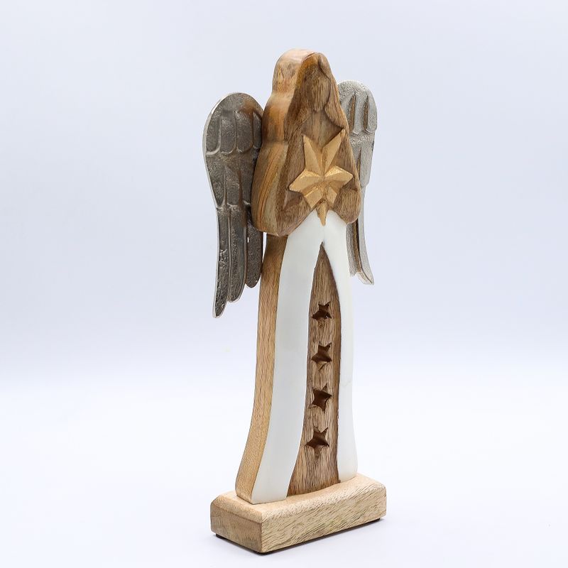 Large Mango Wood Star Angel Metal Wings & Enamel Detail - 30cm