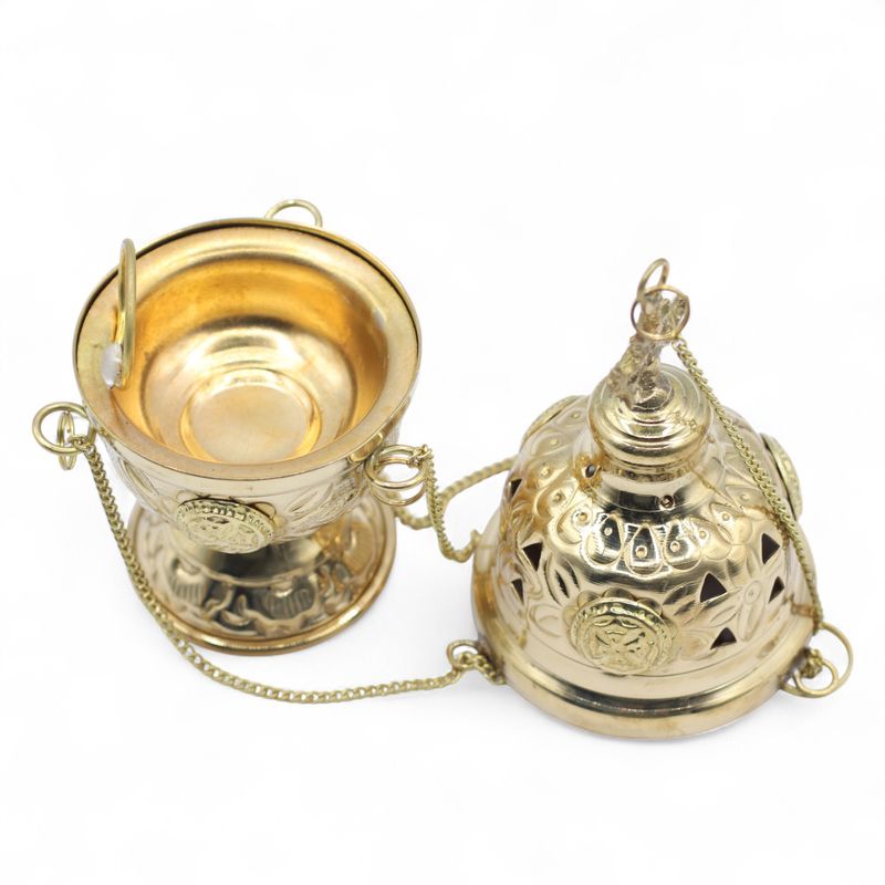 Hanging Brass Incense Burner - Threaded Chain - 16.5x6.5cm (Fine Brass)