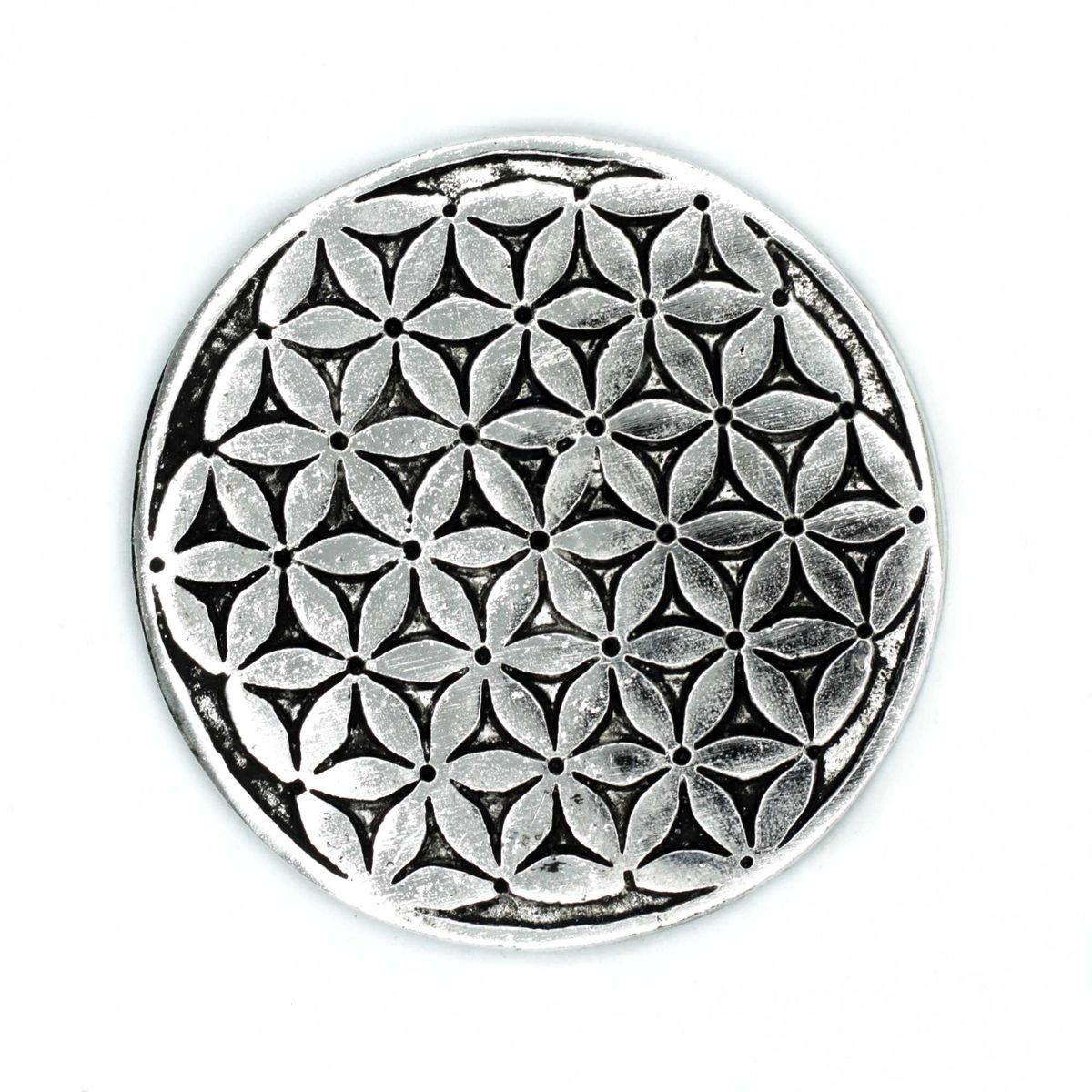Porta-incenso Flor da Vida em alumínio polido 11 cm