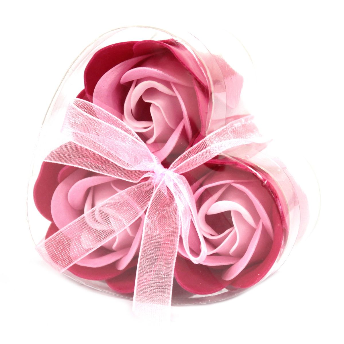 Conjunto de 3 flores de sabão em caixa em forma de coração - rosas rosa