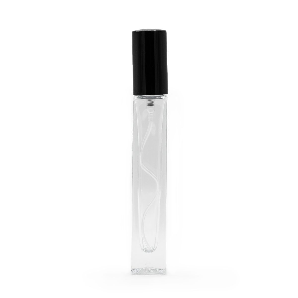 Frasco quadrado alto e fino de 10 ml, pulverizador e tampa pretos