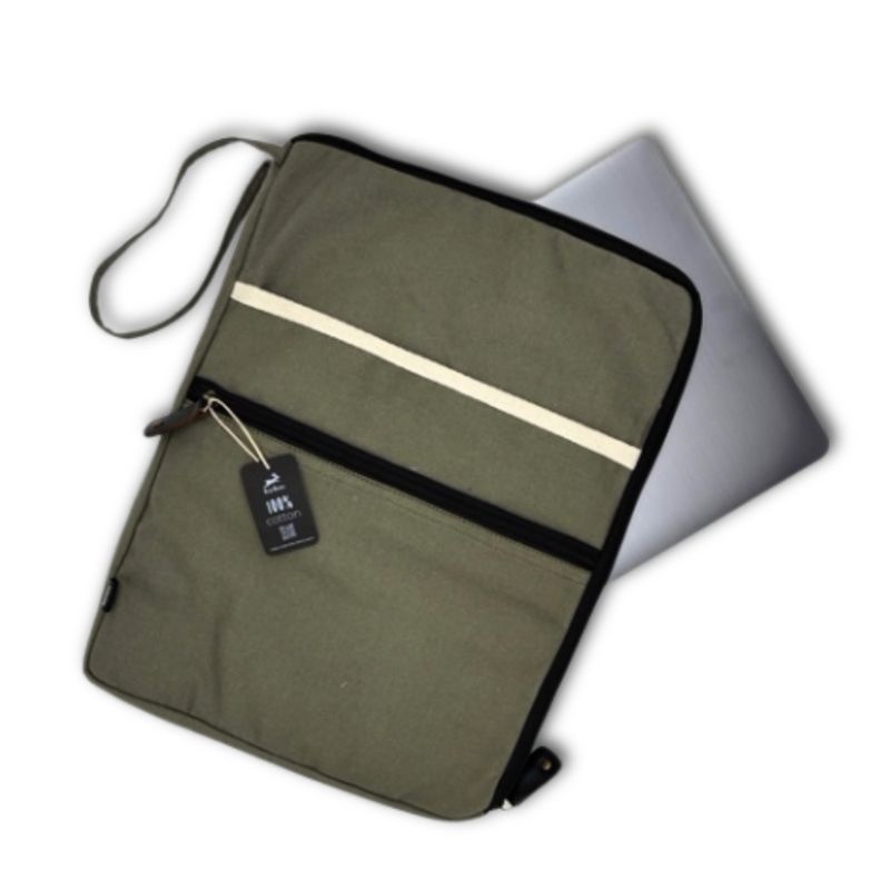 Grande pochette pour ordinateur portable en toile- Olive