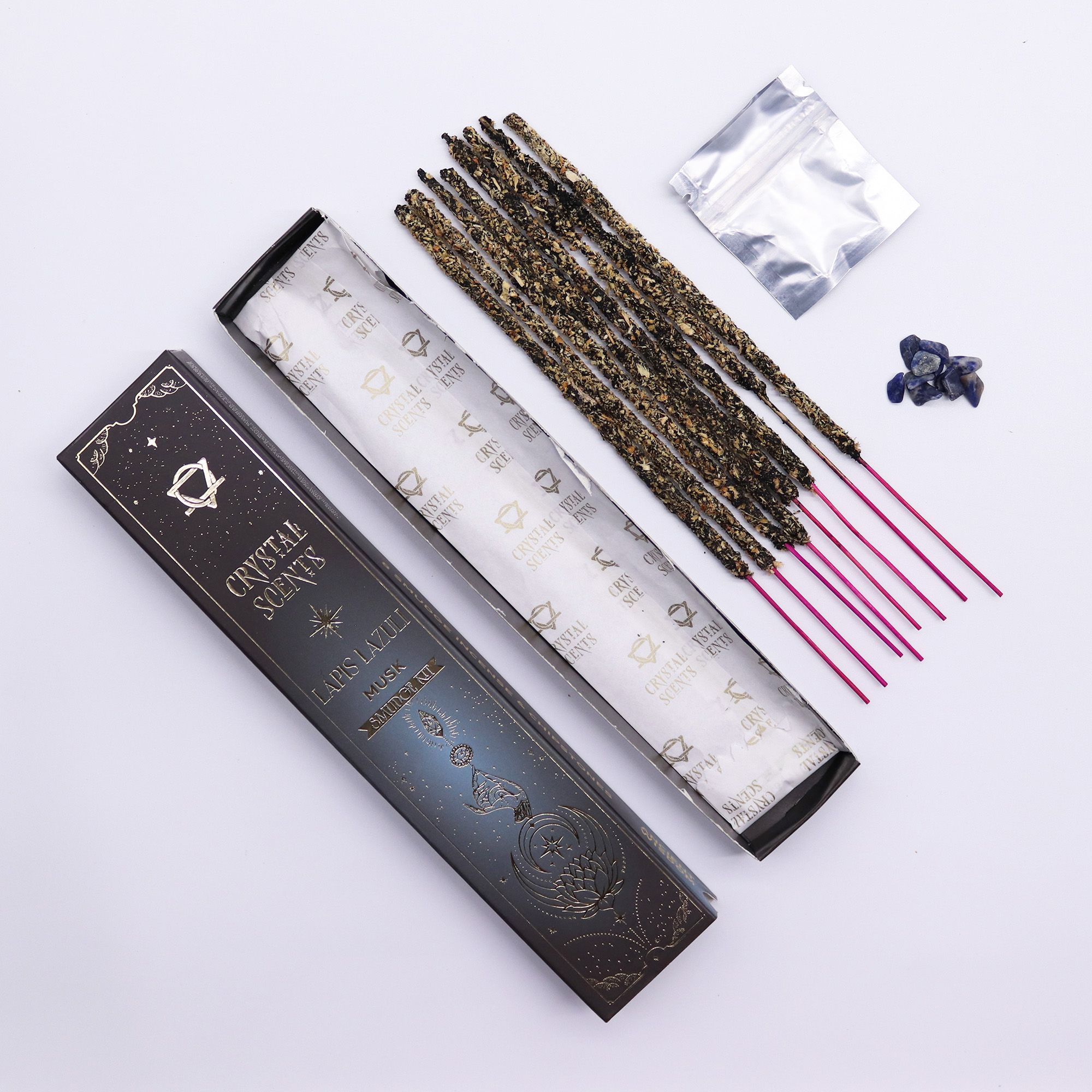 Musk Smudge Incense Sticks with Lapis Lazuli Chipstones - 10 x 20cm