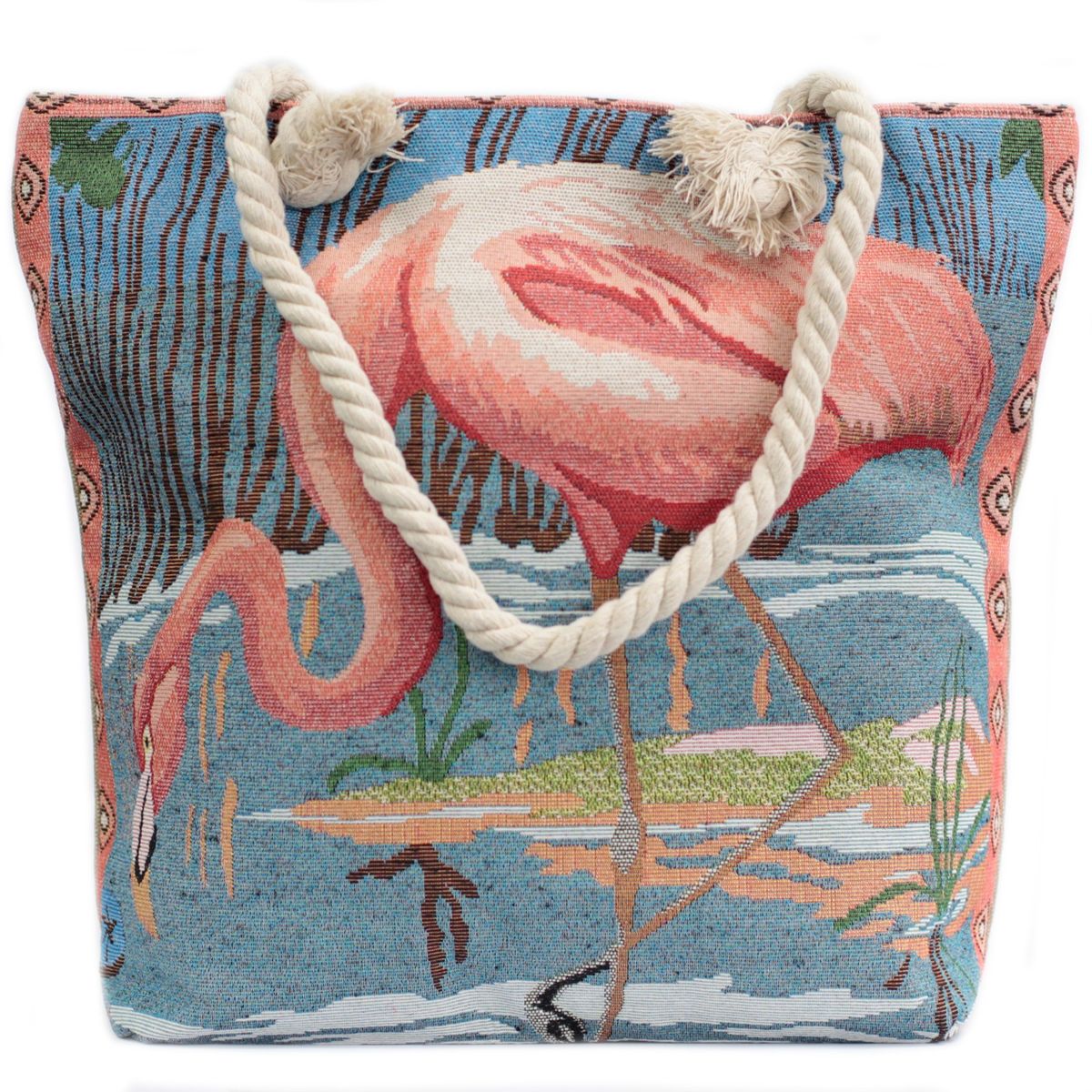 Saco de compras com alça de cordão - flamingo na lagoa