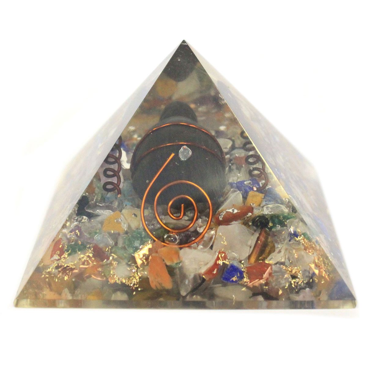 Pequena pirâmide de orgonite 60 mm com fragmentos de pedras preciosas, cobre e tartaruga