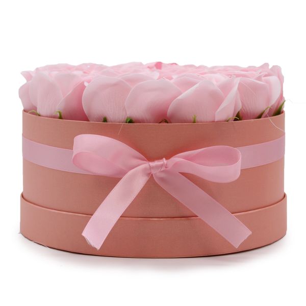 Coffret Cadeau de Fleurs de Savon - 14 Roses Roses - Rond