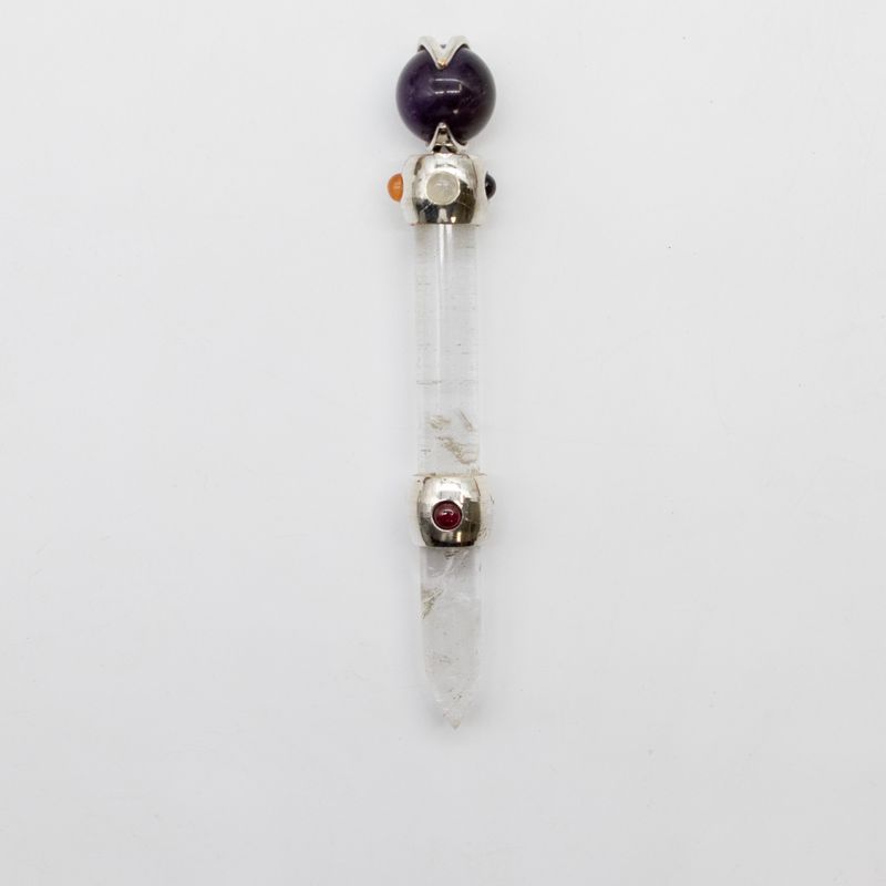 Axis of Grace Wand - Amethyst & Rose Quartz Spheres, Quartz Stem - 12cm