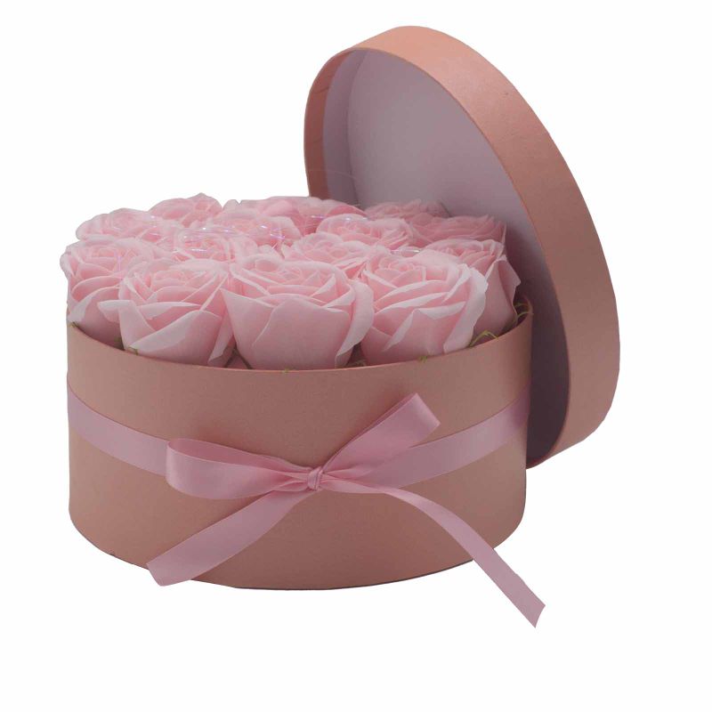 Coffret Cadeau de Fleurs de Savon - 14 Roses Roses - Rond