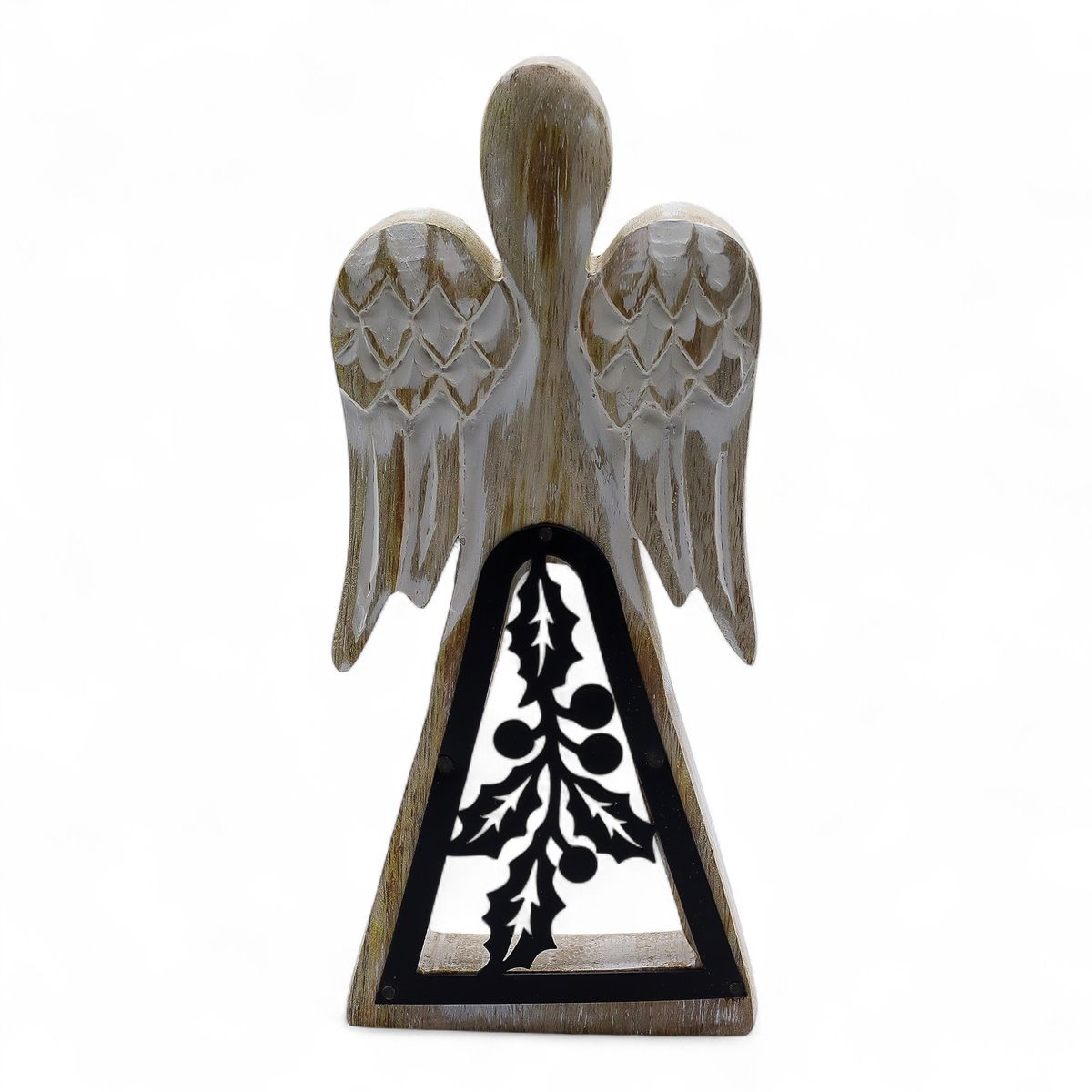 Anjo em madeira de manga - acabamento branco lavado com recorte decorativo em ferro