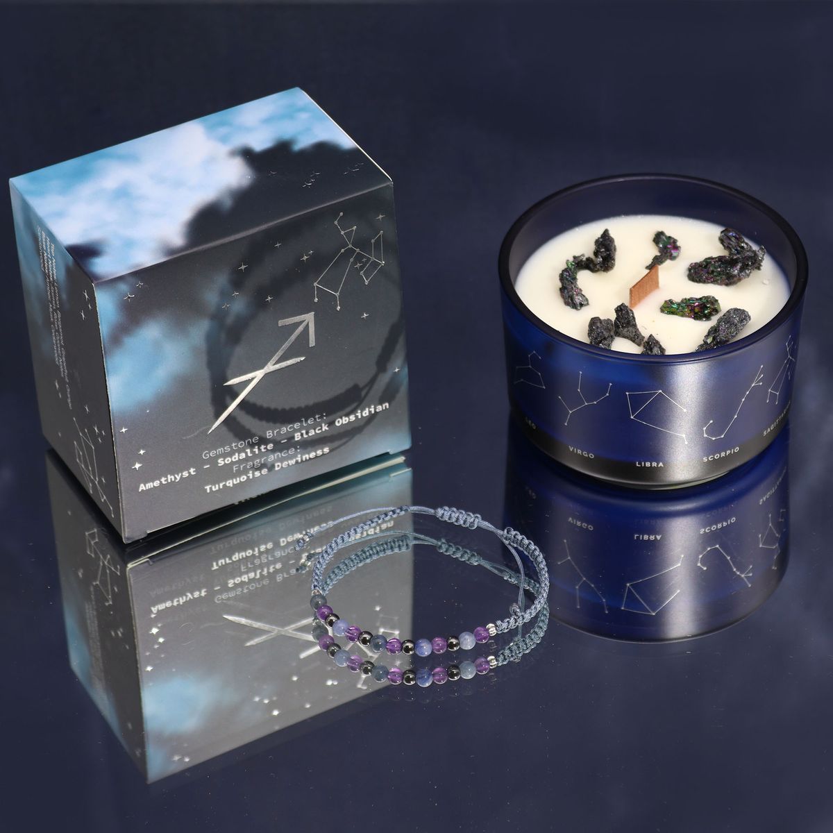 Vela de Cristal do Zodíaco com Pulseira de Pedras Preciosas - Sagitário