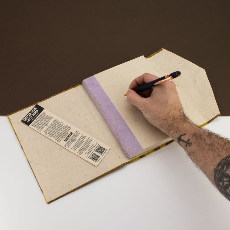 Lrg Lokta Bold Floral Notebook (21x15cm) - 45 leafs - inc bookmark - Mustard Brown
