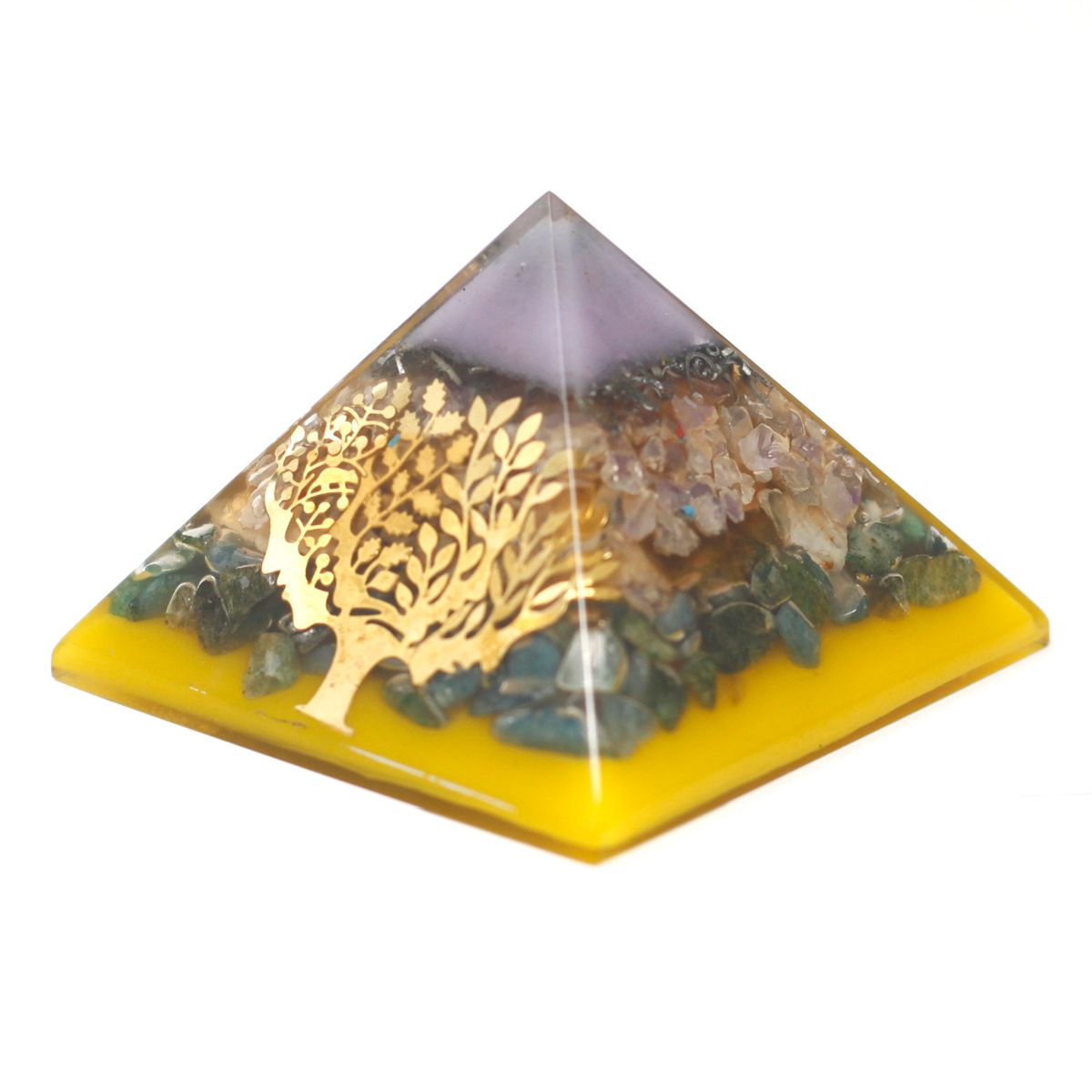 Pirâmide de Orgonite Grande 70 mm - Pedras dos Chakras 70 cm - Árvore (Base Dourada)