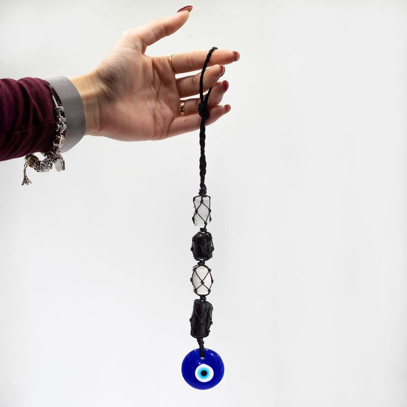 Hanging Stone Pendant - Black Tourmaline & Selonite Tumble- Evil Eye