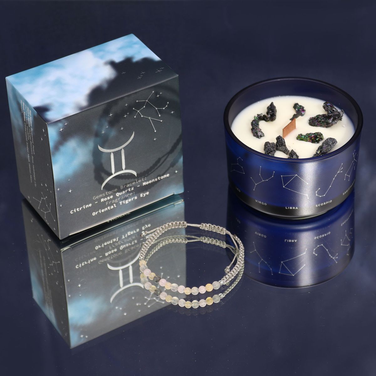 Vela de cristal do zodíaco com pulseira de pedras preciosas - Gémeos