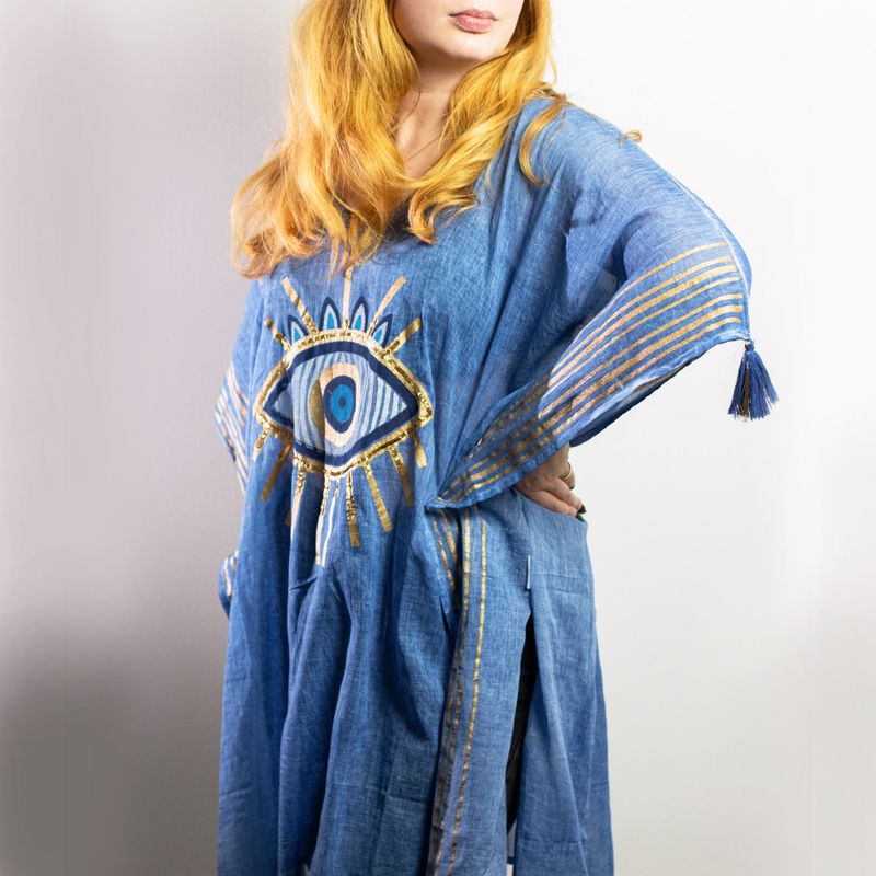 Nomad Sari Kaftan - Bogato Plava i Ručno Oslikano Zlatno Urokljivo Oko