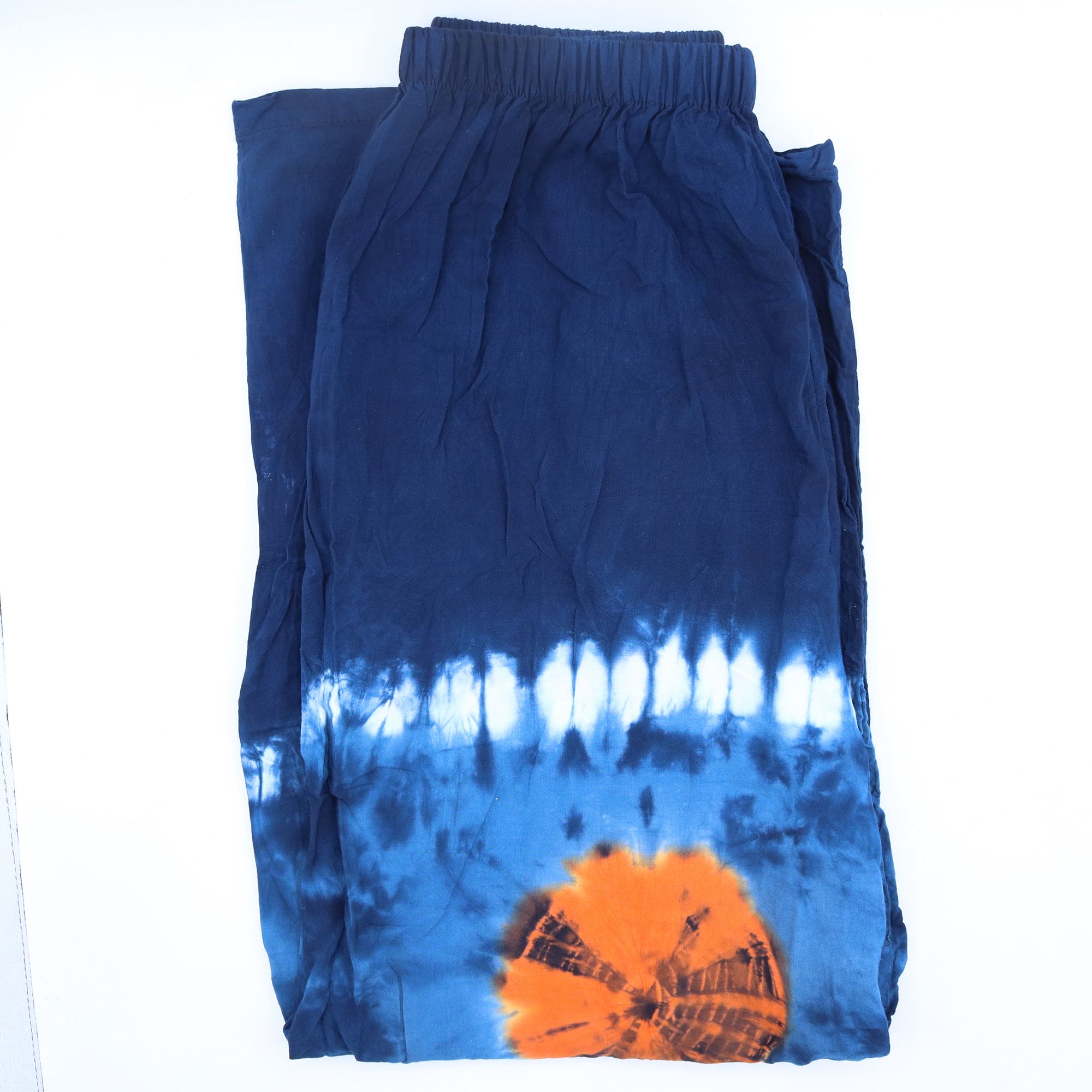 Linen-Rayon Lounge Pants with Hand-Dyed Teal & Orange Pattern - Large