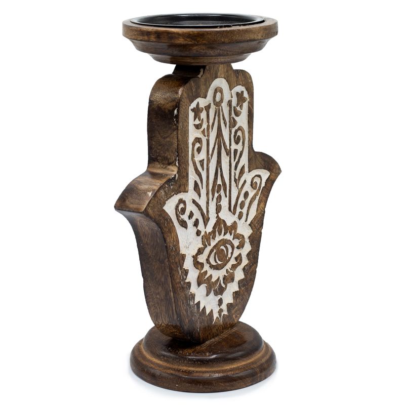 Support de bougie en bois de mangue - Hamsa - Grand 25x18cm