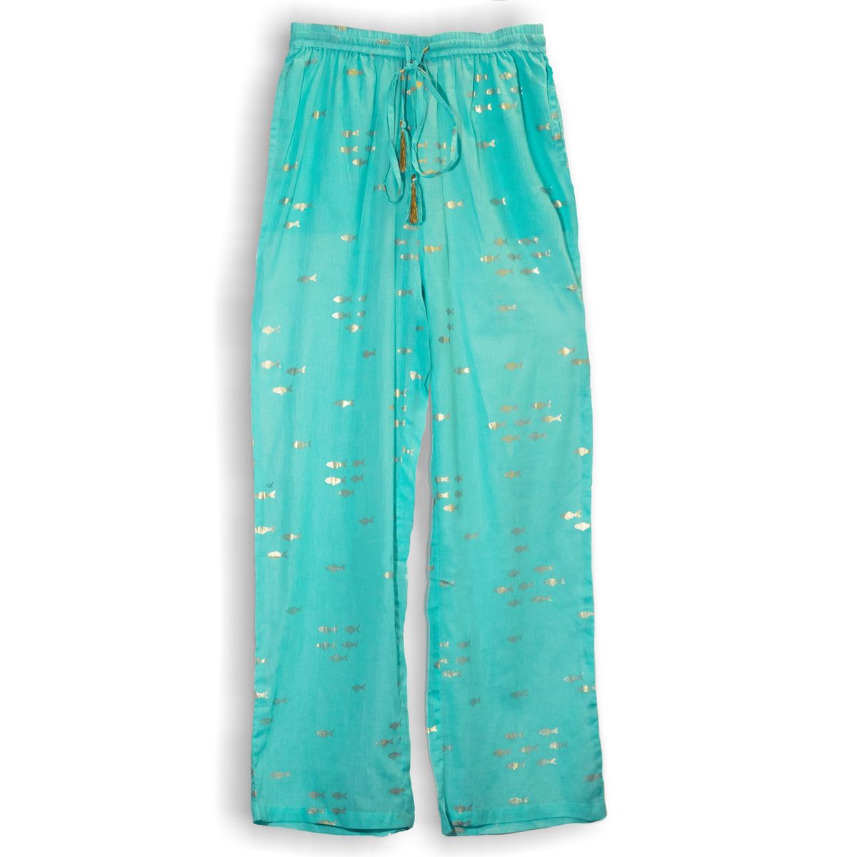 (ML) Coleção Nómada Sari Mediterrâneo - Calças - Desenho de Peixes em Turquesa e Dourado