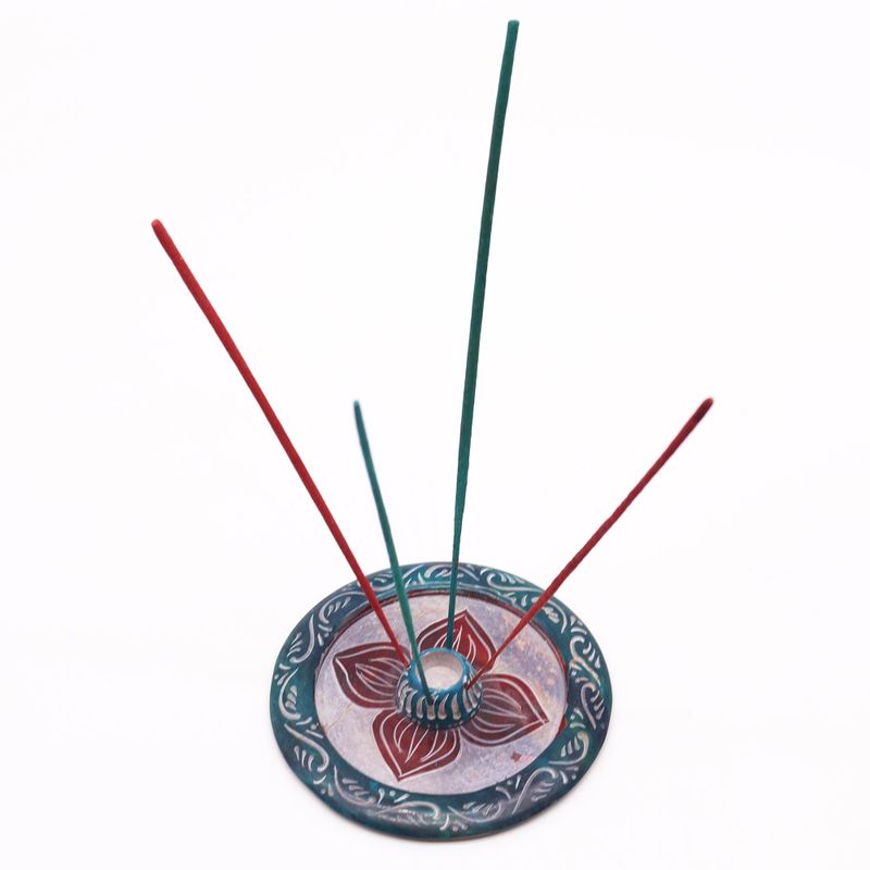 Porte-encens en pierre à savon Disque 12 cm - Quatre Pétales (porte cônes et bâtonnets)