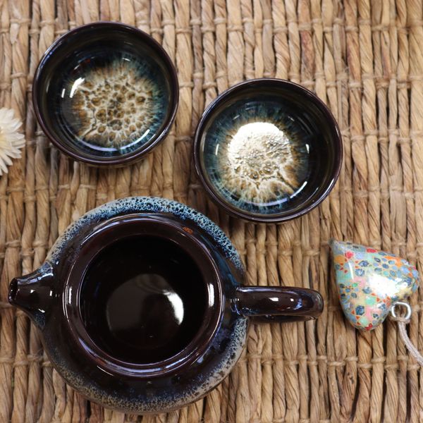 Ensemble de théière à base de plantes à glaçage noir - Pot et deux tasses