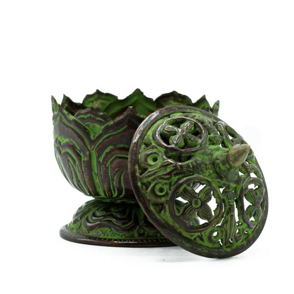 Brûleur d'encens tibétain Verdigris en laiton - Petit Lotus