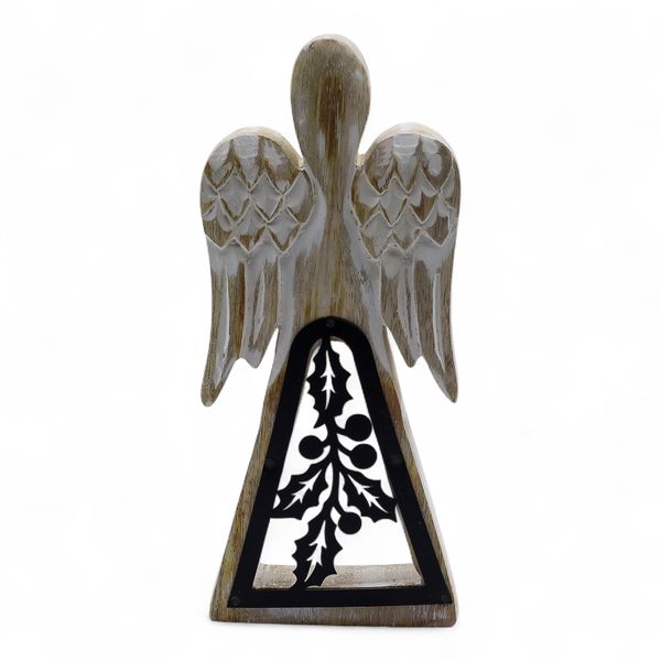 Anjo de Madeira de Manga – Branqueado com Decoração em Ferro Recortada – 18 cm