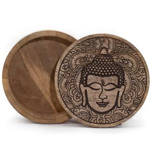 Cajas y bandejas de madera con Hamsa y Buda