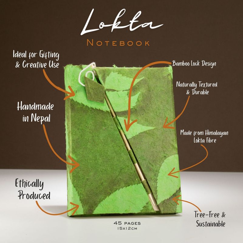 Med Lokta Bold Floral Bamboo Lock Notebook (15x12cm) - 45 leafs - Moss Green