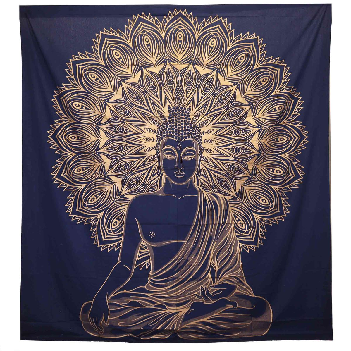 Colcha Dupla de Algodão + Pendente de Parede - Buda - Azul Dourado