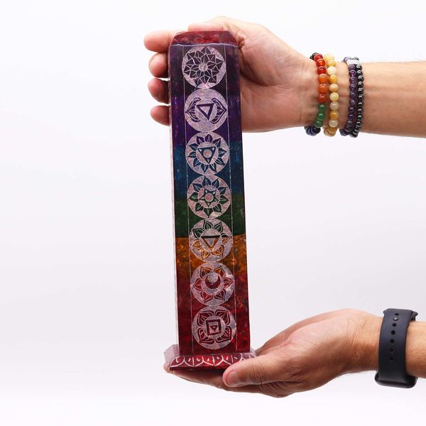 Porte-encens en pierre à savon Tour Carrée 25 cm - 7 Chakras