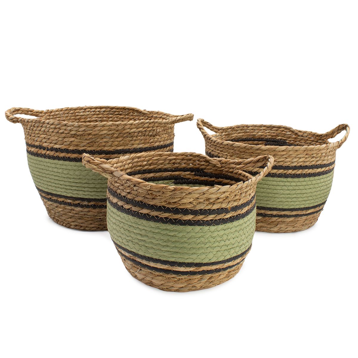Cestos grandes de algodão e erva marinha - natural, preto e verde - conjunto de 3