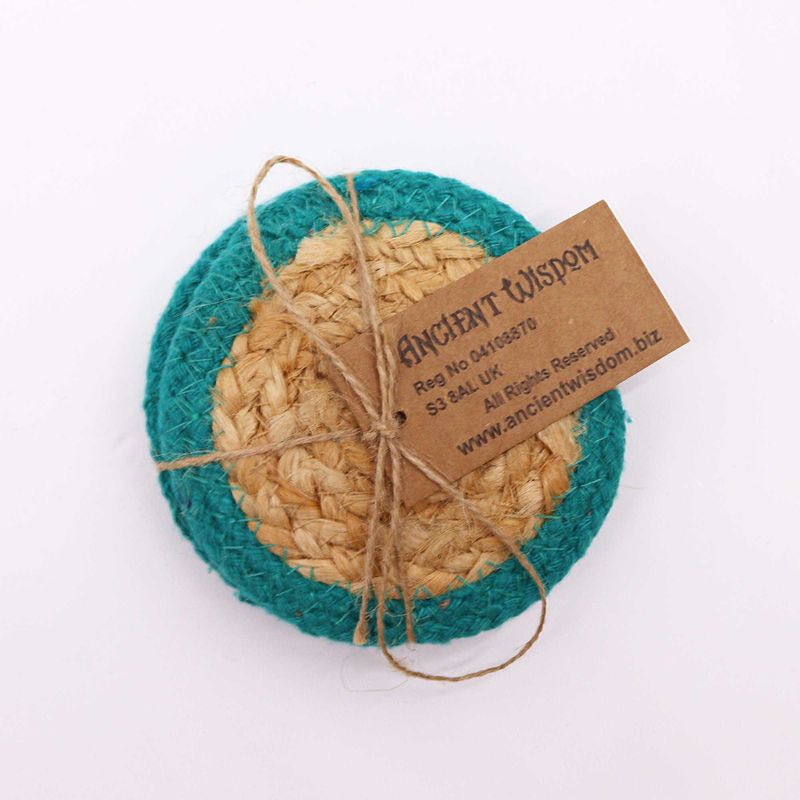 Dessous de Verre Naturel - Jute & Coton 10cm (lot de 4) - Bordure Sarcelle
