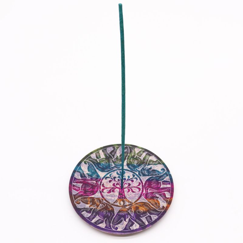 Porte-encens en pierre à savon Disque 12 cm - 6 Éléphants Porte-bonheur