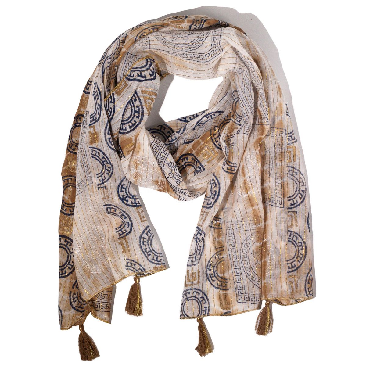 Lenço Nomad Sari de verão com estampado Marbella – Castanho com dourado (180x50 cm)