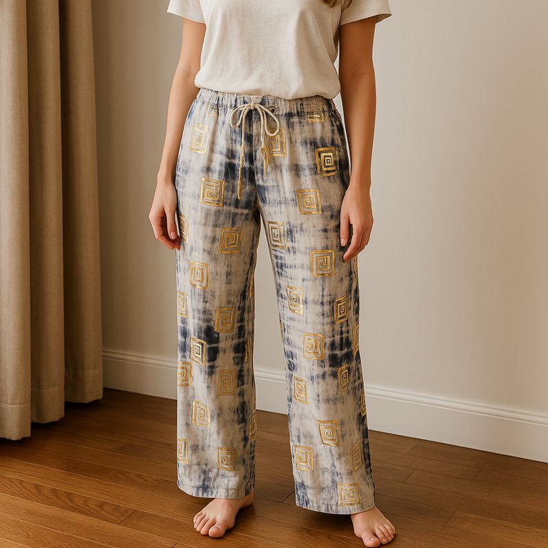 (ML) Nomad Sari - Lounge Pants - Gold & Blue Greek Motiff - Handpainted