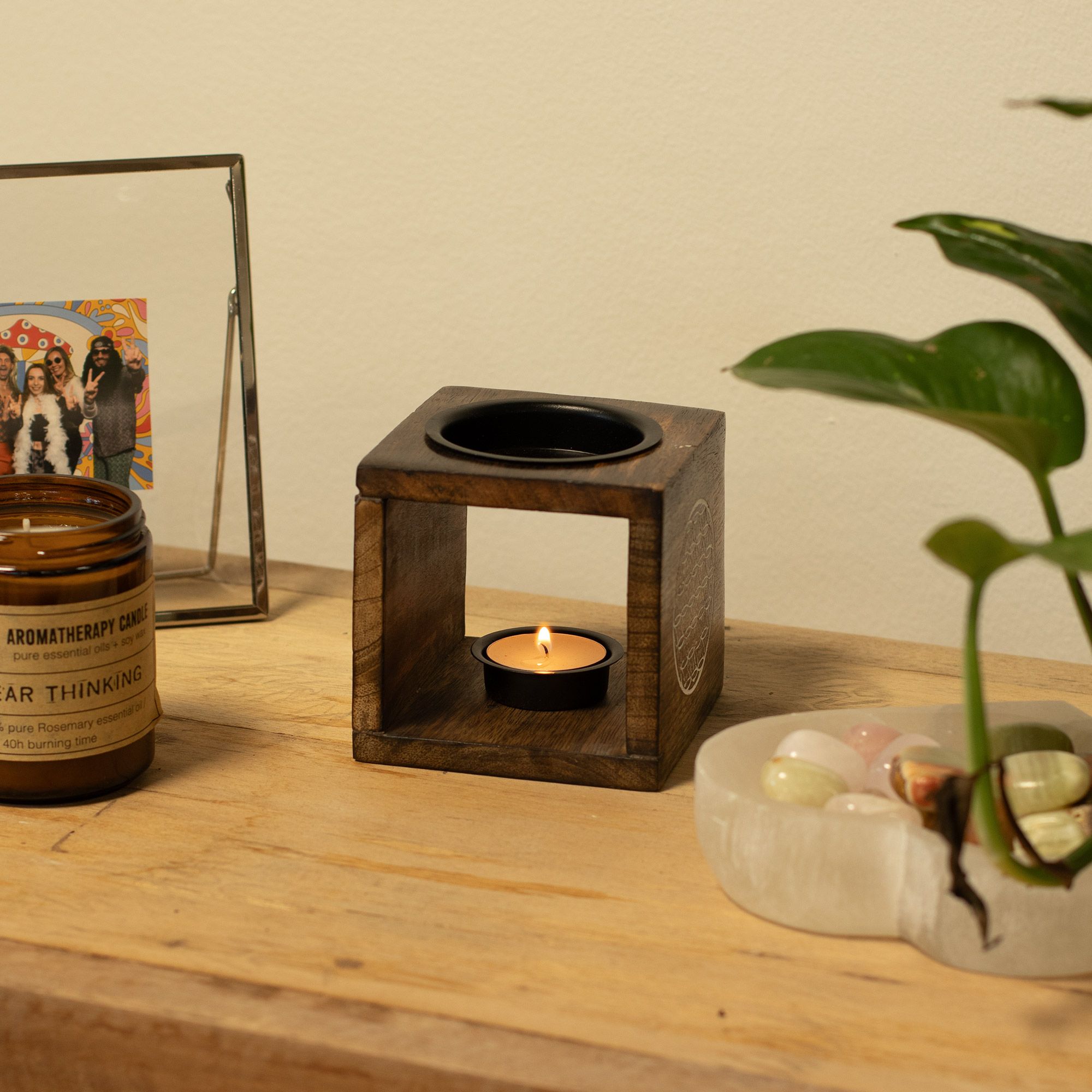 Mango Wood Oil Burner - Flower of Life Design with Metal Bowl