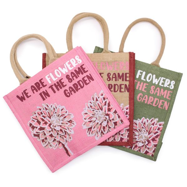 Saco de jute estampado - Somos Flores - Oliva, Rosa e Natural