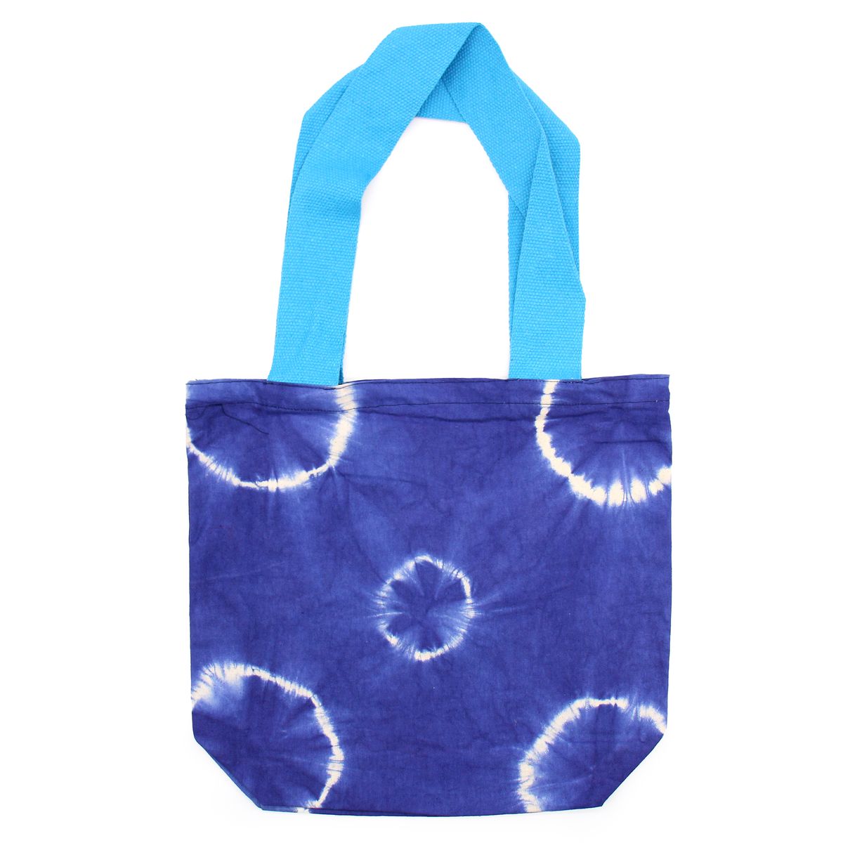 Saco de Algodão Natural com Desenho "Tie dye" (220 g) - 38 x 42 x 12 cm - Anéis Azuis - Alça Azul