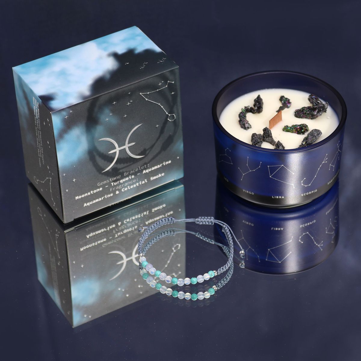 Vela de cristal do zodíaco com pulseira de pedras preciosas - Peixes