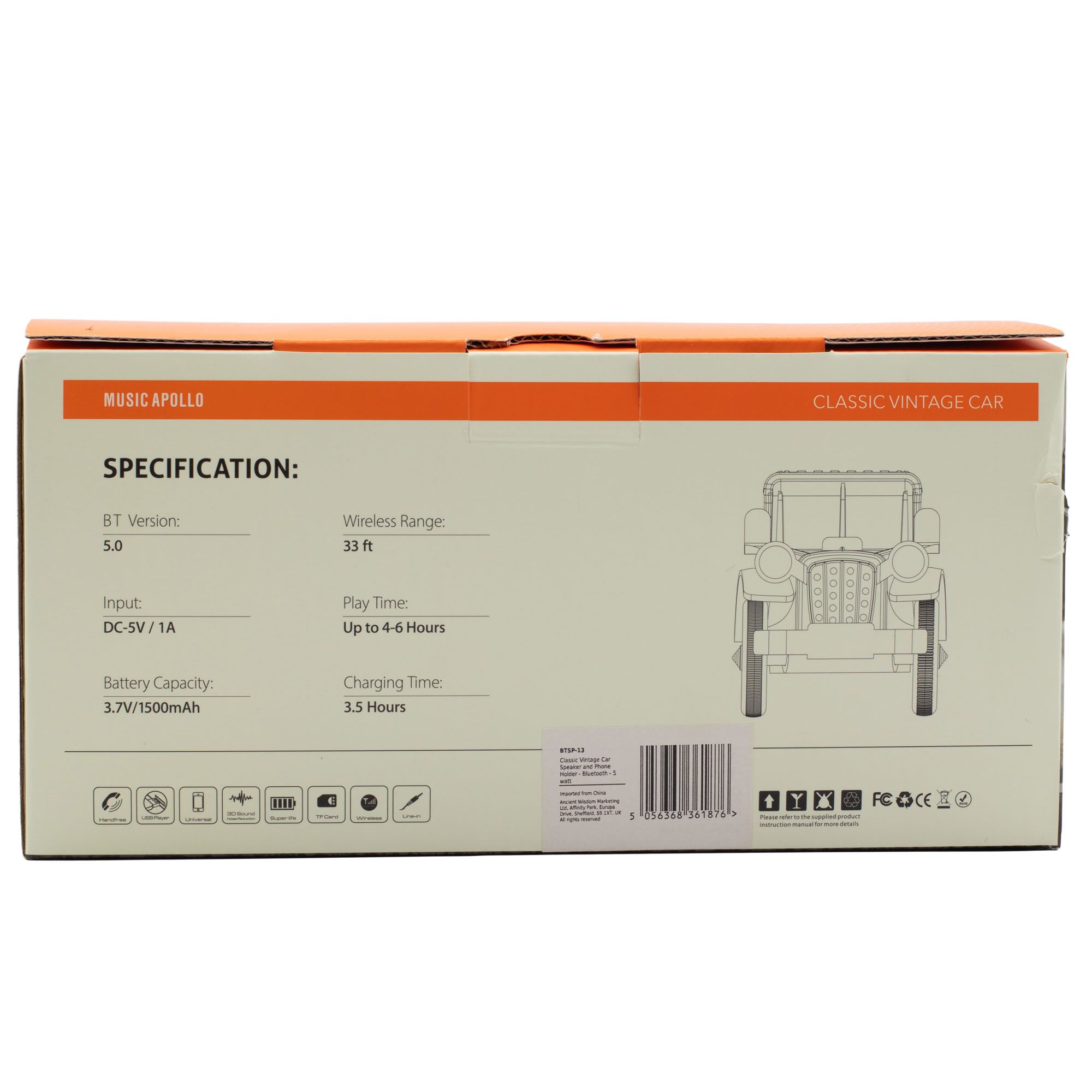 Altifalante Clássico Carro Vintage e Suporte Para Telemóvel - Bluetooth - 5 watts