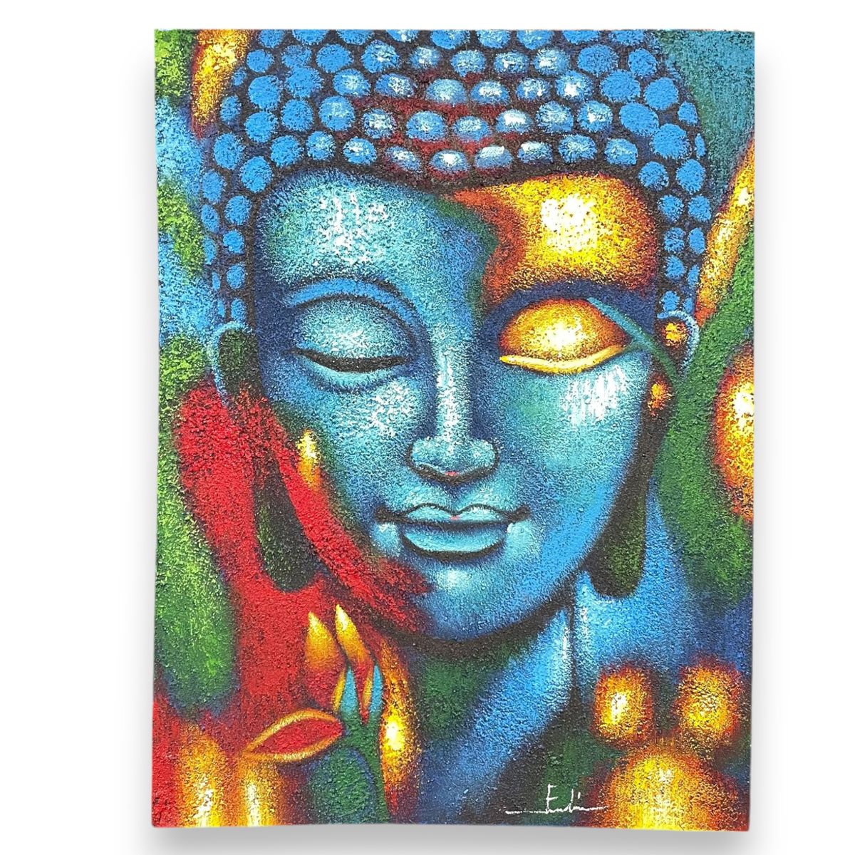Pintura de Buda - Flor azul e dourada