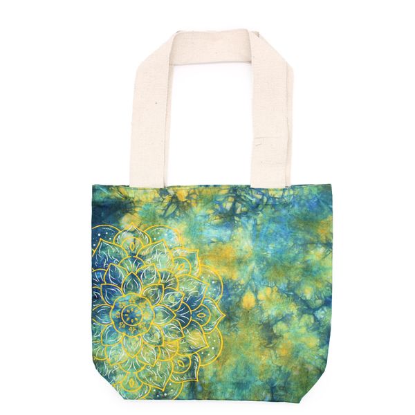 Saco de algodão Tye-Dye (6oz) - 38x42x12cm - Mandala - Verde/Azul - Alça Natural