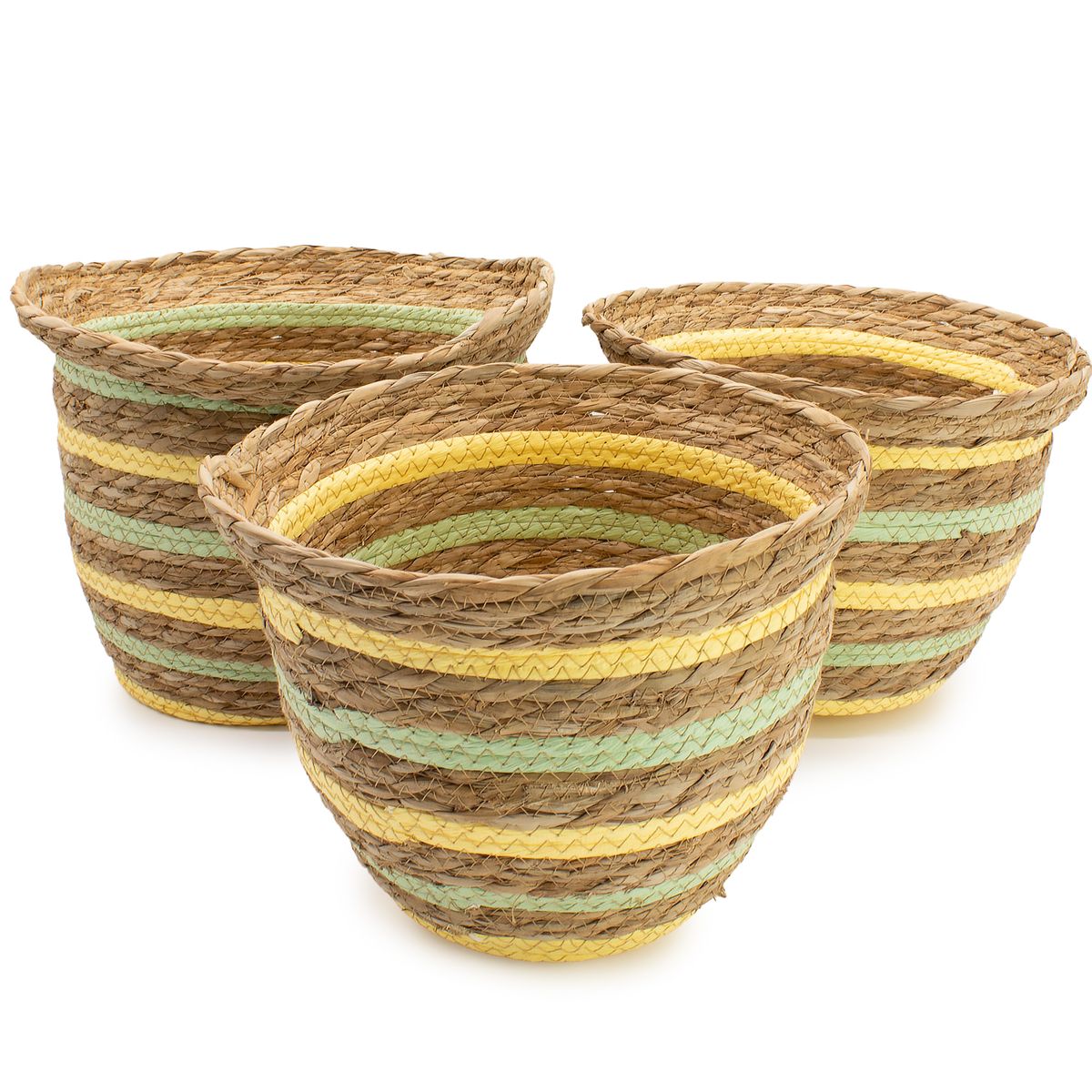 Cestos em forma de vaso de erva marinha e palha - Amarelo natural e verde - Conjunto de 3