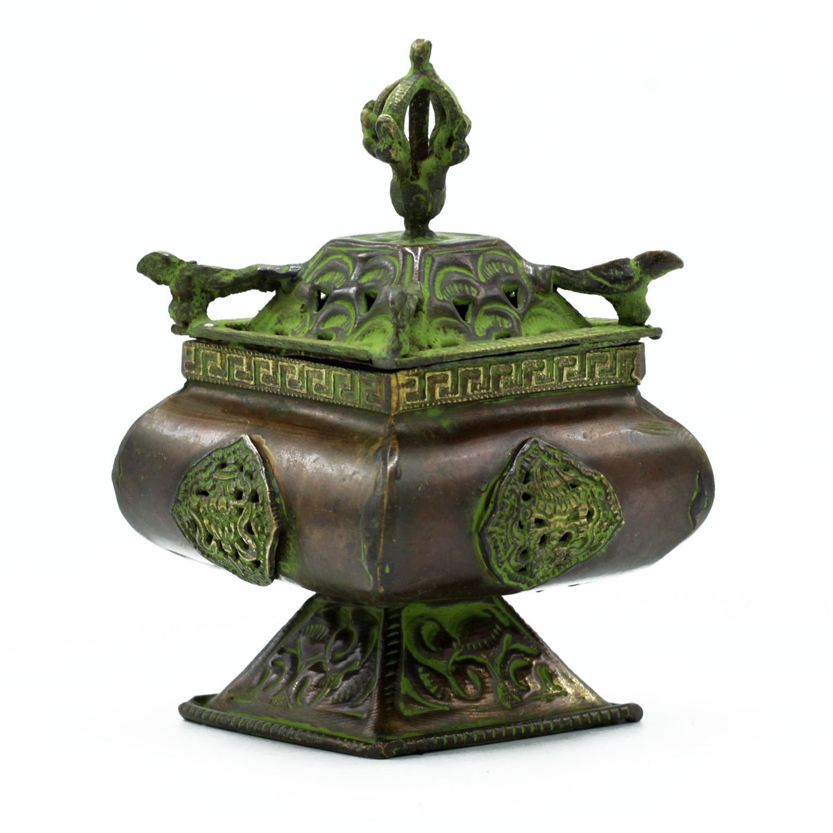 Queimador Tibetano de Latão Verdigris - Quatro Símbolos, Pote com Pé