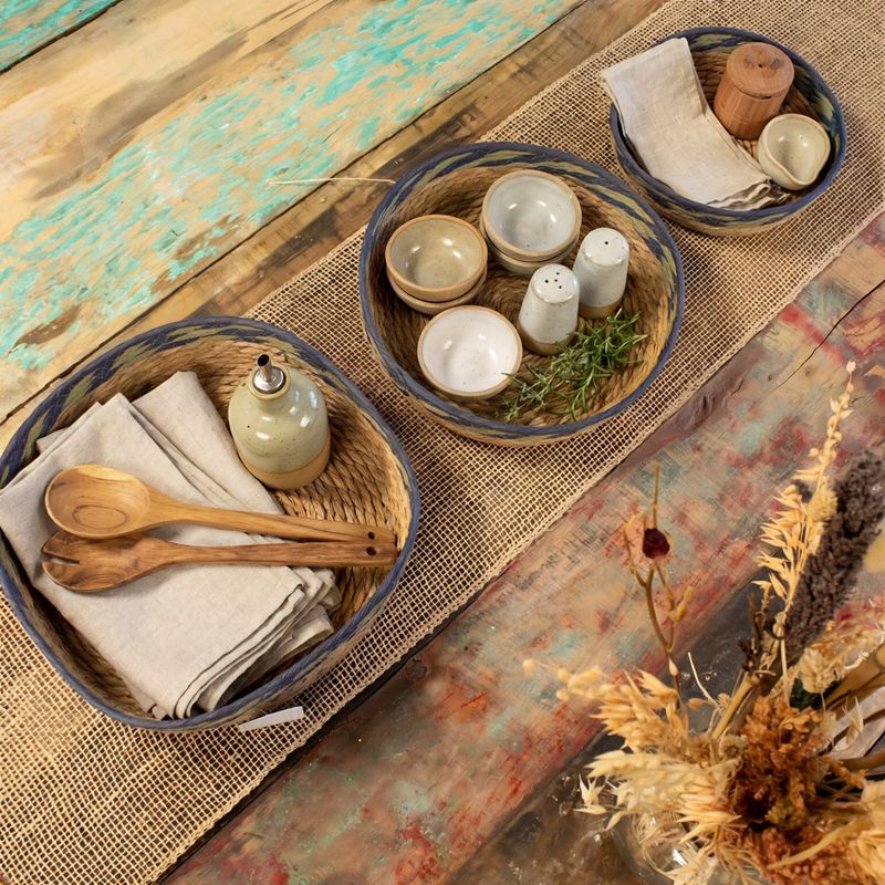 Straw & Seagrass Tray Baskets - Natural Green & Blue- Set of 3