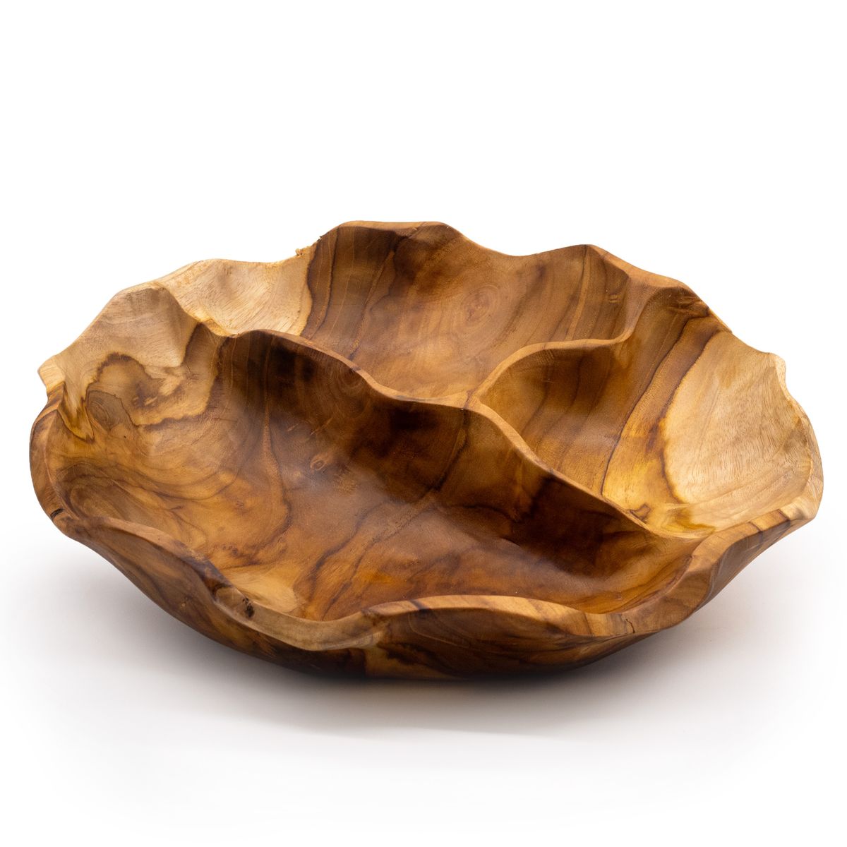 Fruteira redonda lisa em madeira de teca com três secções - 30x5,5 cm