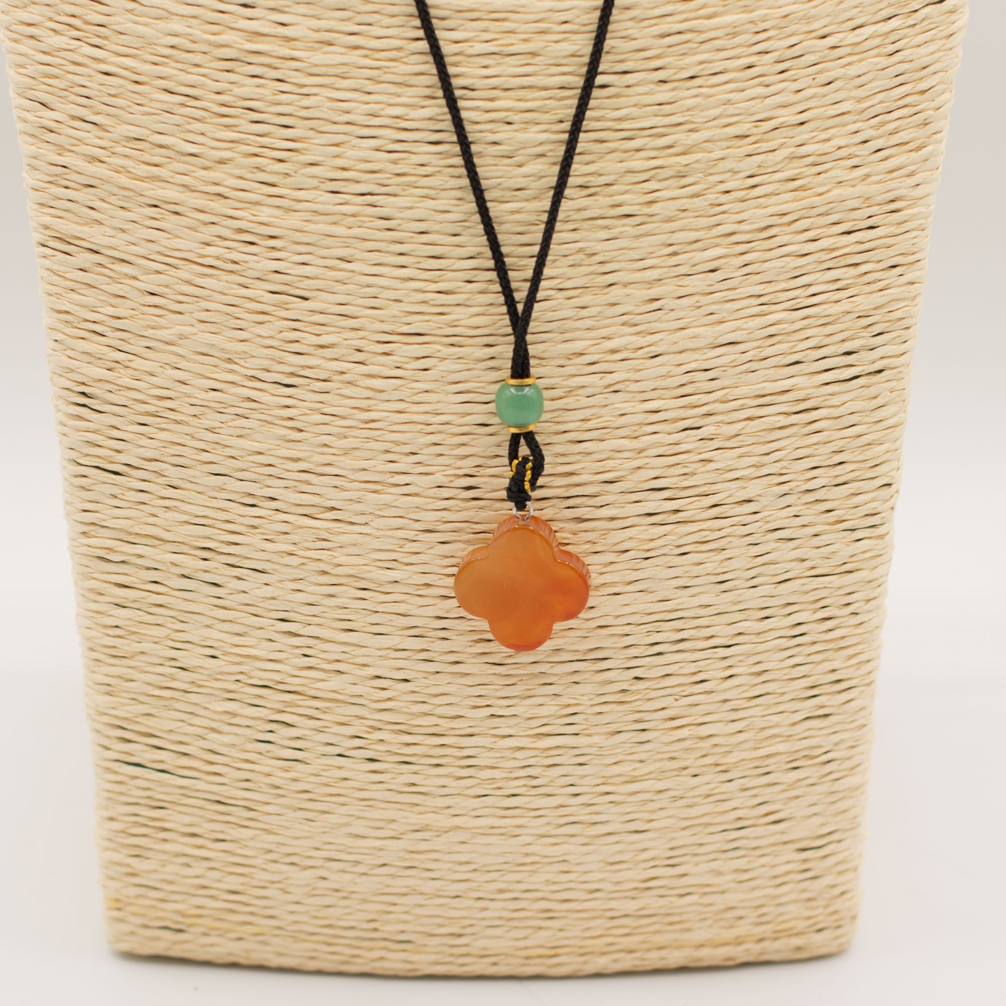 Cord Necklace Gemstone Pendant - Red Jade Clover