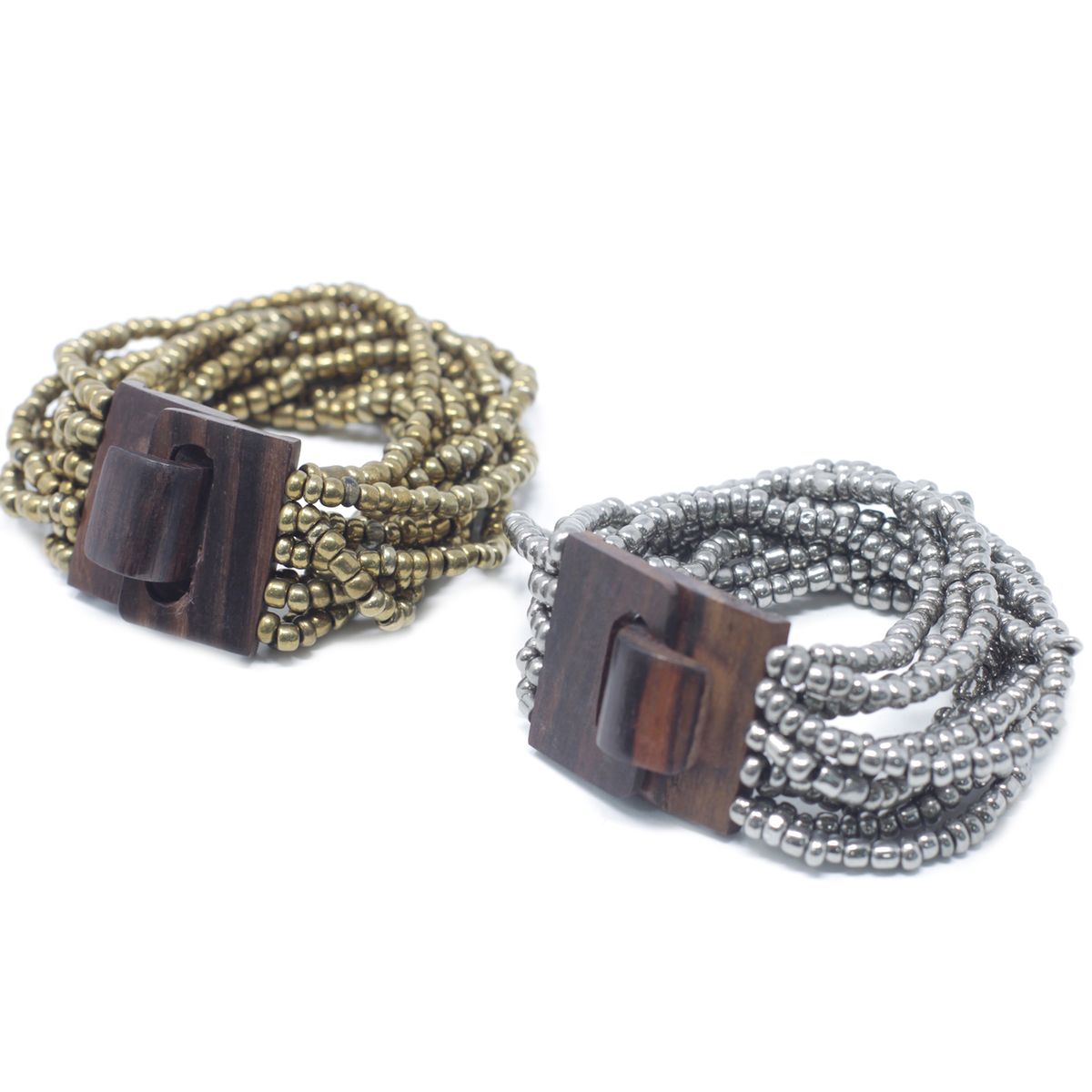 Pulseira de contas múltiplas com fecho de madeira - Sortido de ouro/bronze