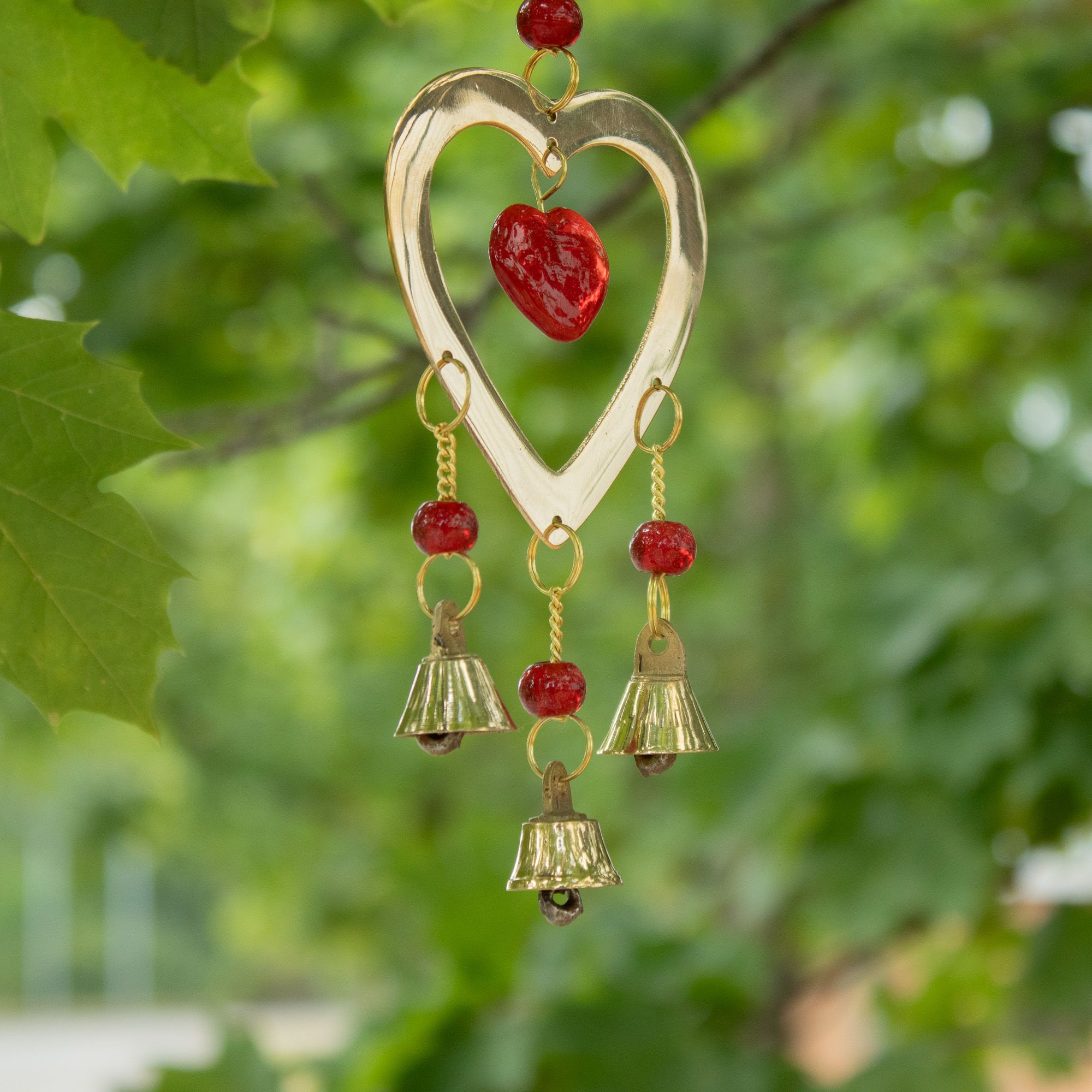 Indian Chimes - Brass With Ruby Glass Heart Beads - 3 Bells - 6.5x24cm
