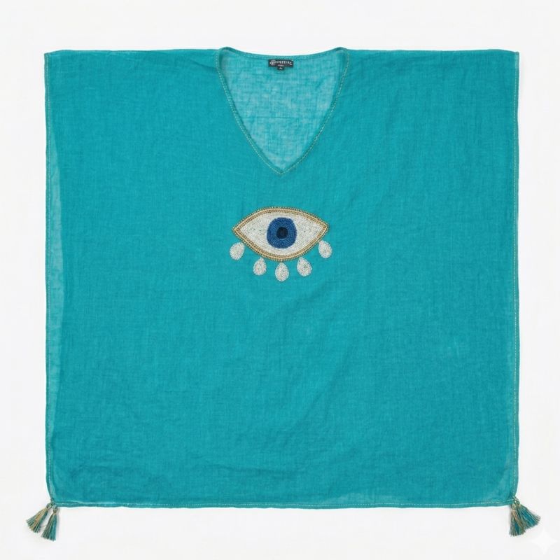 Nomad Sari On the Med Collection - Kaftan - Turquoise with Gold & White Large Evil Eye